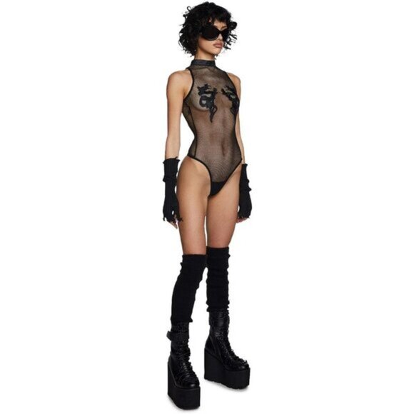 ⚡Women Black Dolls Kill Bad Luck Dragon Fishnet Bodysuit High Neck Bodysuit - Picture 2 of 5